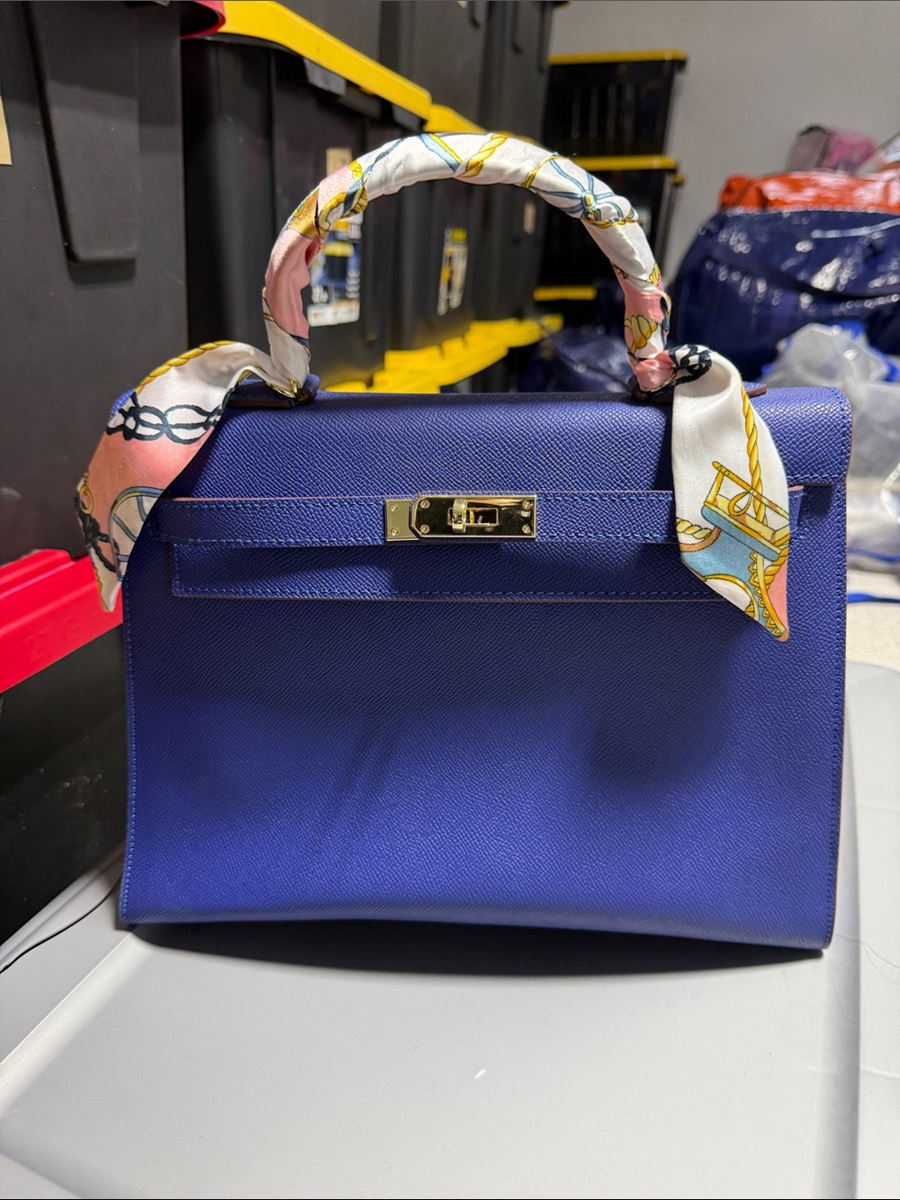 Elegant Blue Top-Handle Women's Bag with Scarf Accent
